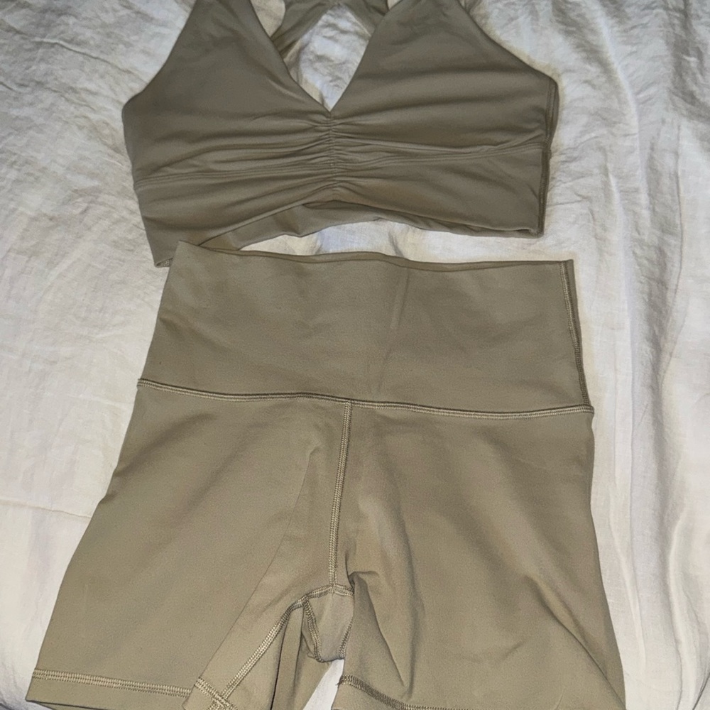 Aritzia Khaki Sports Bra and Shorts Set